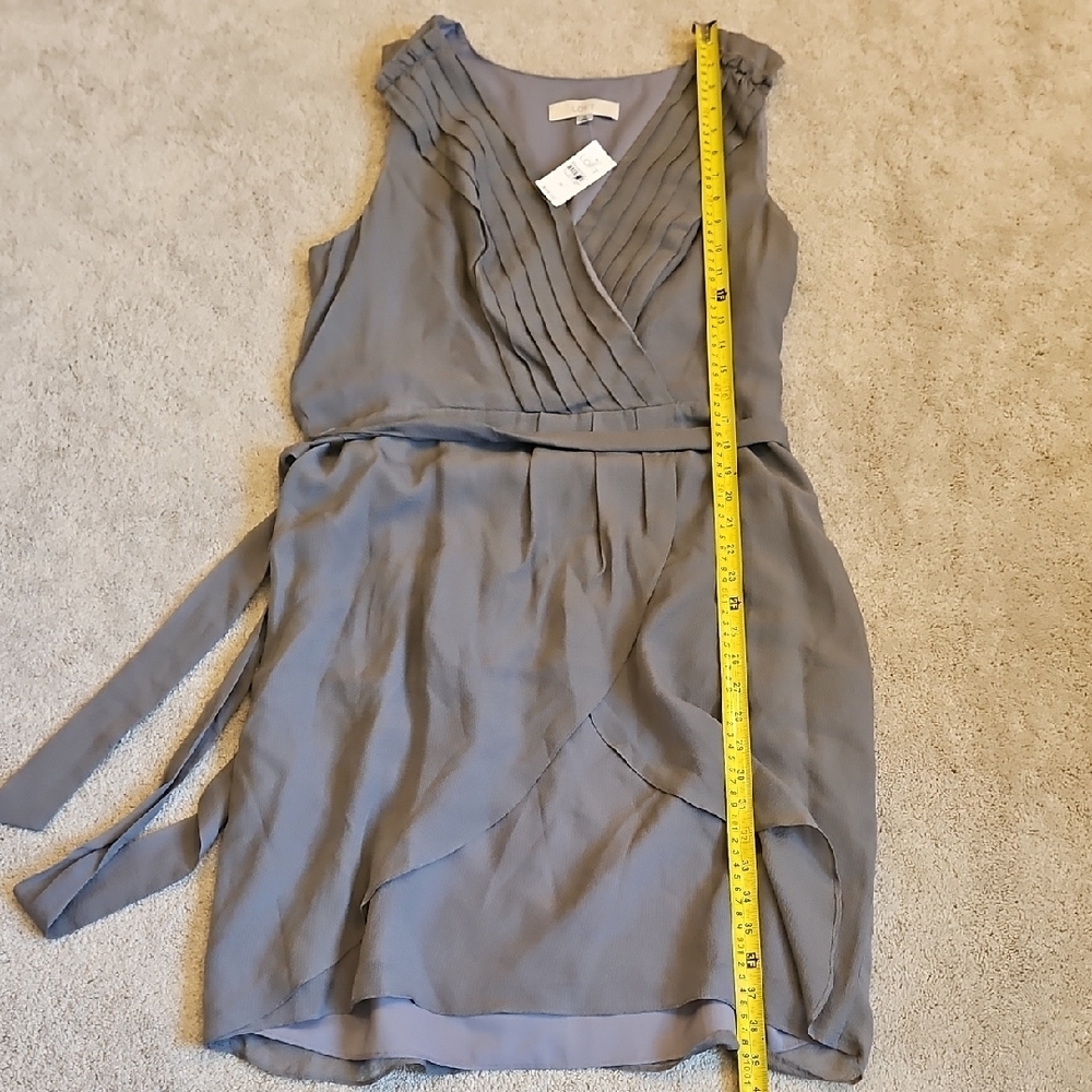 LOFT Silk Asymmetrical Gray Faux Wrap Dress with Belt - Picture 6 of 10